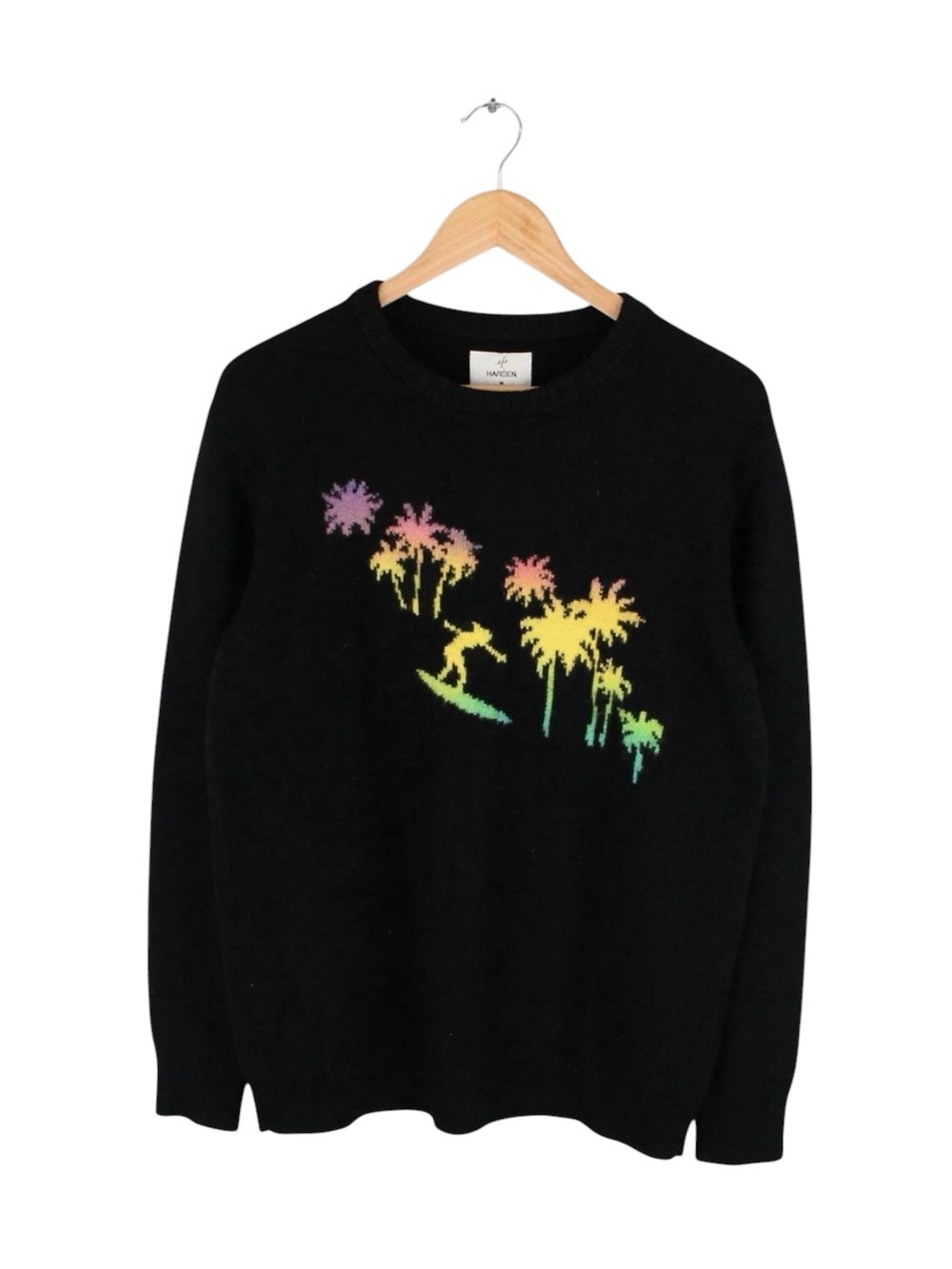 HARDEN Cashmere Sweater Black Surfer Palm‎ Tree Graphic USA Made Men's M